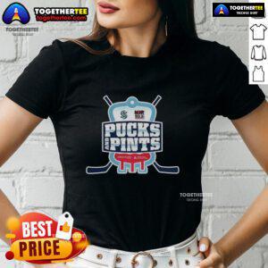Alt Text: Original Seattle Kraken Pucks and Pints logo on a ladies tee, showcasing team spirit and stylish design.