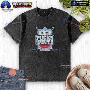 Alt Text: Original Seattle Kraken Pucks and Pints logo on a washed t-shirt, showcasing team spirit and style.