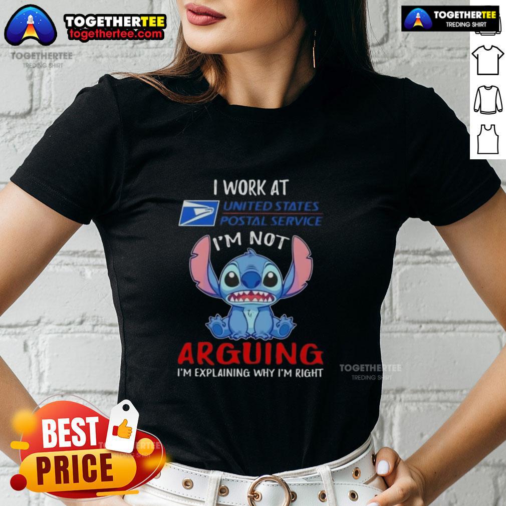 Original Stitch I Work At USPS I'm Not Arguing I'm Explaining Ladies Tee featuring bold text design for postal workers.