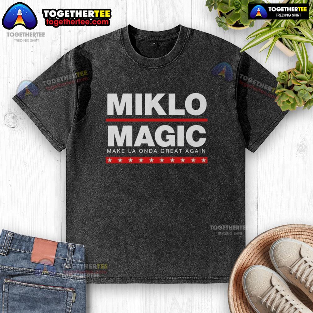 Premium Miklo Magic 'Make La Onda Great Again' washed t-shirt featuring a bold graphic design and comfortable fit.