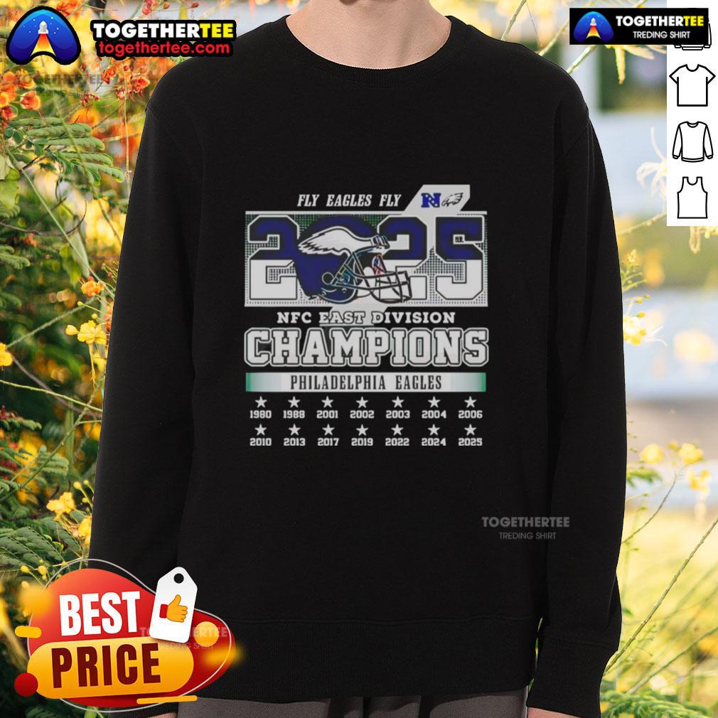 Premium Philadelphia Eagles Fly Eagles Fly NFC East Division Champions 2025 sweatshirt in green with logo design.