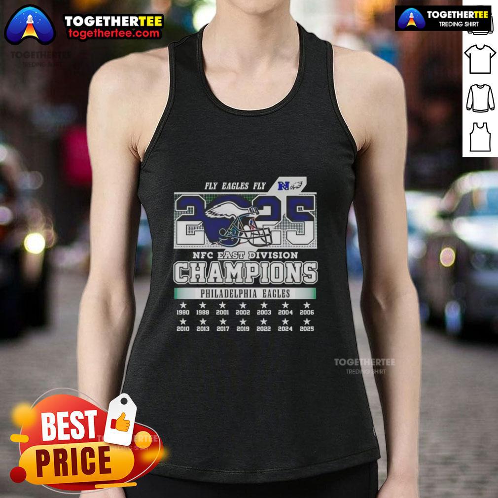 Premium Philadelphia Eagles Fly Eagles Fly NFC East Division Champions 2025 tank top displayed on a wooden background.