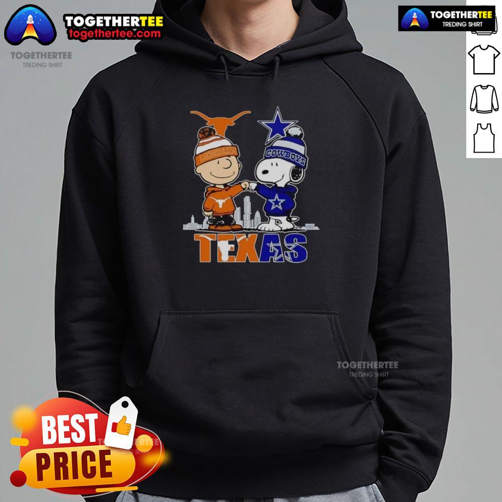Pretty Texas city skyline with Charlie Brown, Longhorns, and Snoopy in a Dallas Cowboys hoodie, showcasing Texas pride.