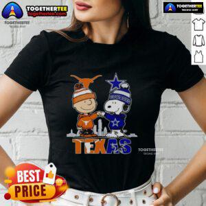 Pretty Texas city skyline featuring Charlie Brown, Texas Longhorns, and Snoopy on a Dallas Cowboys ladies tee.