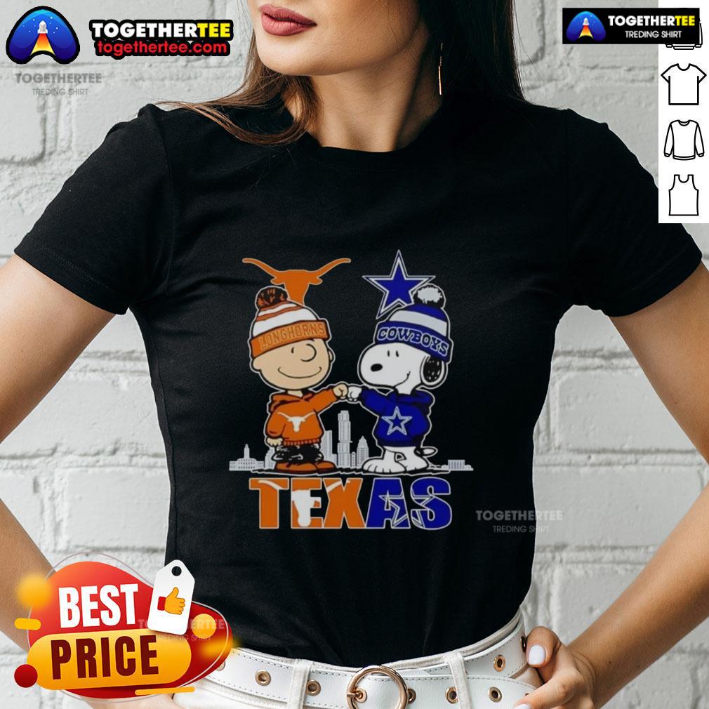 Pretty Texas city skyline featuring Charlie Brown, Texas Longhorns, and Snoopy on a Dallas Cowboys ladies tee.