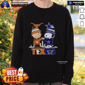 Alt Text: Pretty Texas city skyline with Charlie Brown, Texas Longhorns, and Snoopy on a Dallas Cowboys sweatshirt.
