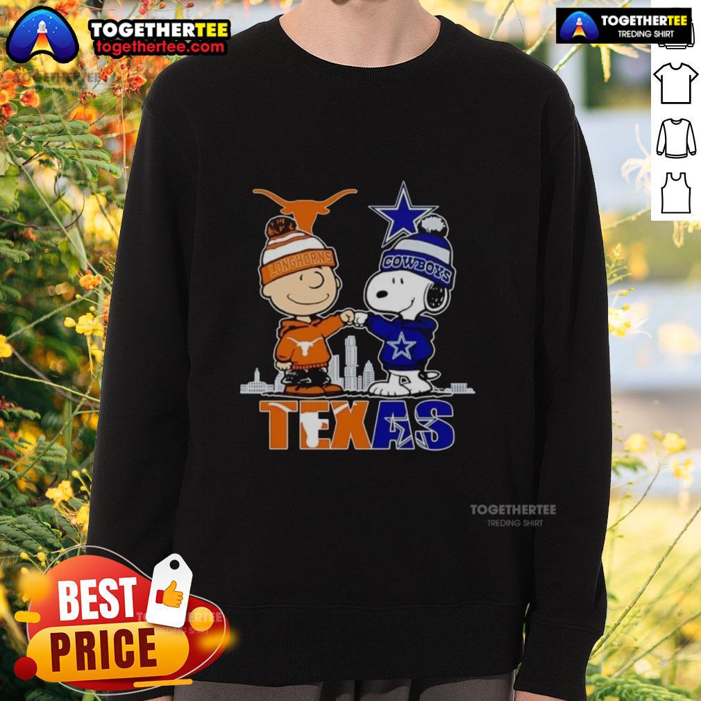 Alt Text: Pretty Texas city skyline with Charlie Brown, Texas Longhorns, and Snoopy on a Dallas Cowboys sweatshirt.