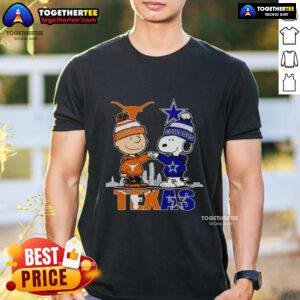 Pretty Texas city skyline featuring Charlie Brown, Texas Longhorns, and Snoopy on a Dallas Cowboys T-shirt design.