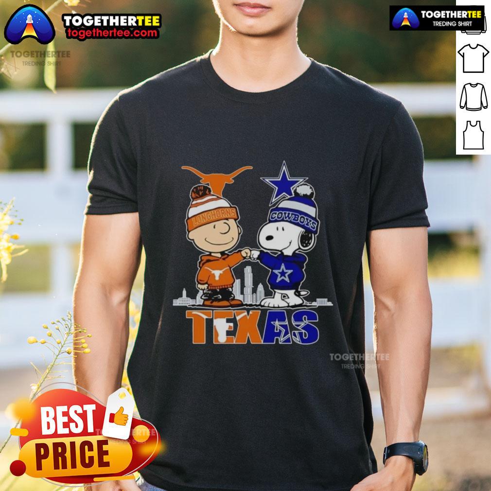 Pretty Texas city skyline featuring Charlie Brown, Texas Longhorns, and Snoopy on a Dallas Cowboys T-shirt design.