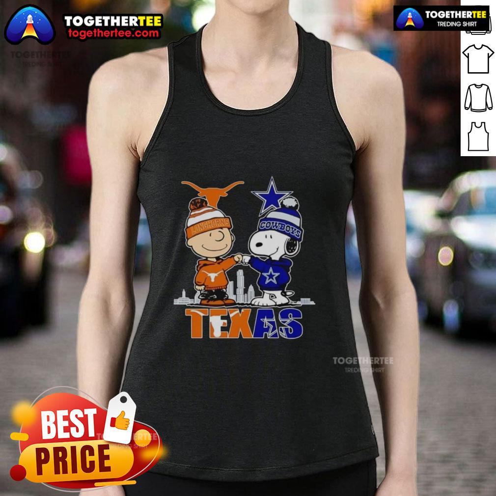 Pretty Texas city skyline featuring Charlie Brown, Texas Longhorns, and Snoopy on a Dallas Cowboys tank top design.