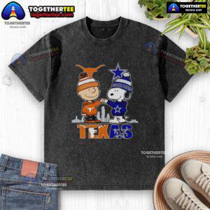 Pretty Texas city skyline featuring Charlie Brown, Texas Longhorns, and Snoopy with Dallas Cowboys washed t-shirt design.