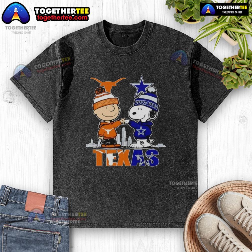 Pretty Texas city skyline featuring Charlie Brown, Texas Longhorns, and Snoopy with Dallas Cowboys washed t-shirt design.
