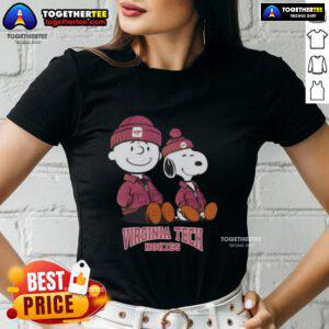 Alt Text: Pretty Virginia Tech Hokies X Snoopy and Charlie Brown ladies tee featuring vibrant graphics and stylish design.