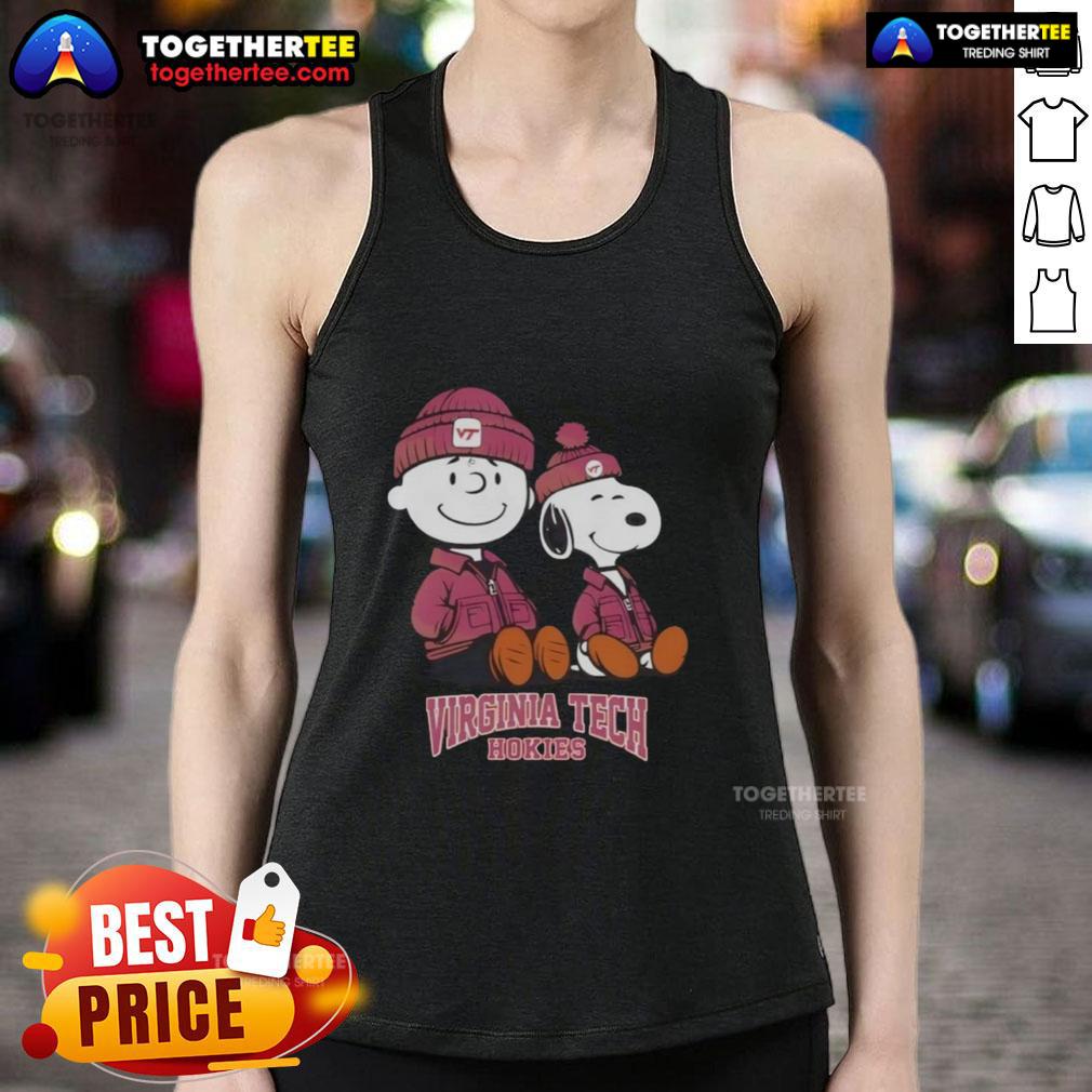 Alt Text: Pretty Virginia Tech Hokies x Snoopy and Charlie Brown tank top featuring vibrant colors and playful design.