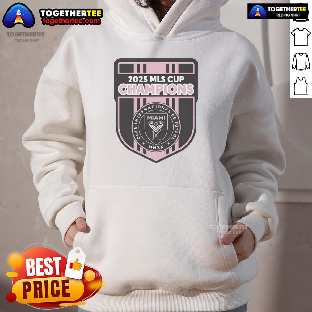 Top CF 2025 MLS Champions Inter Miami logo hoodie featuring vibrant colors and stylish design for soccer fans.