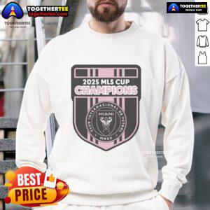 Inter Miami logo sweatshirt from Top CF 2025 MLS Champions collection, perfect for fans and stylish casual wear.