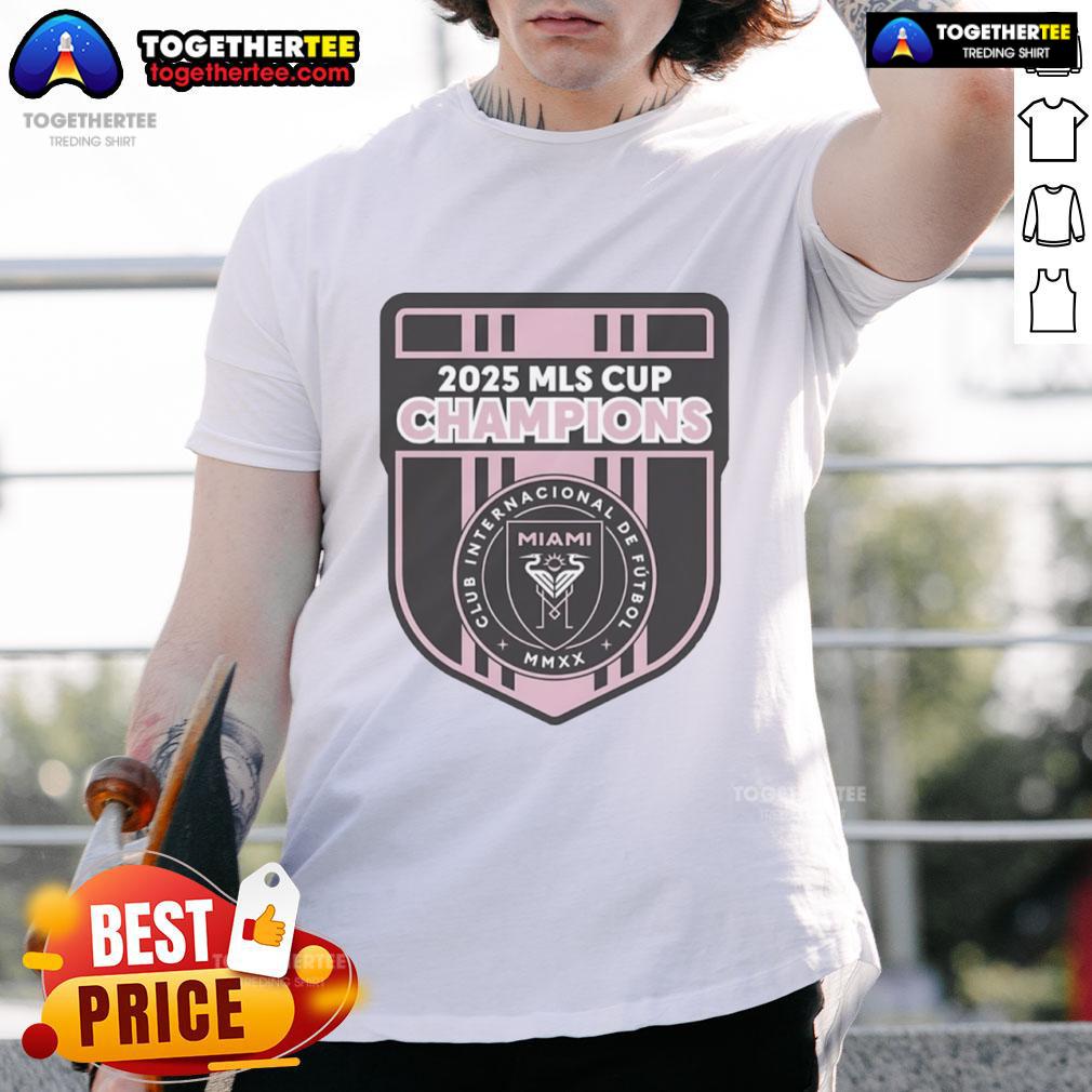 Alt Text: Top CF 2025 MLS Champions Inter Miami logo t-shirt design featuring vibrant colors and bold branding.