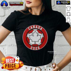 Alt Text: Top Canada 2026 vintage soccer emblem ladies tee featuring a stylish design perfect for soccer fans.