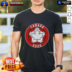 Top Canada 2026 Vintage Soccer Emblem T-Shirt featuring a retro design and vibrant colors for soccer fans.