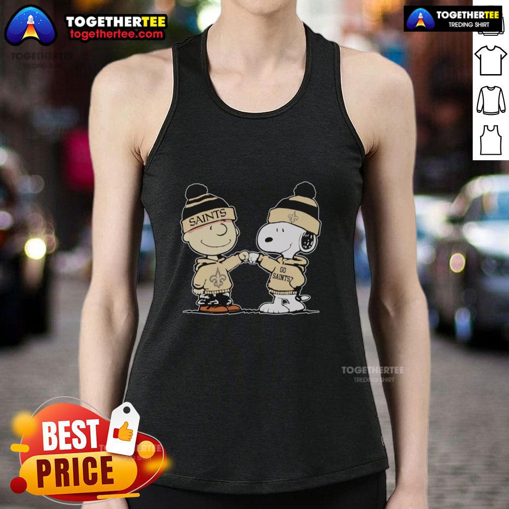 Alt Text: New Orleans Saints Snoopy and Charlie Brown tank top featuring best friends design for football fans.