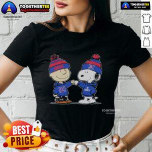 New York Giants Snoopy and Charlie Brown Best Friends ladies tee featuring vibrant graphics and team spirit.