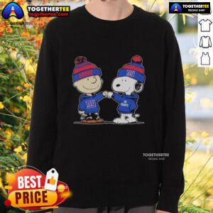 Cozy Top New York Giants Snoopy and Charlie Brown Best Friends Sweatshirt featuring iconic cartoon characters in team colors.
