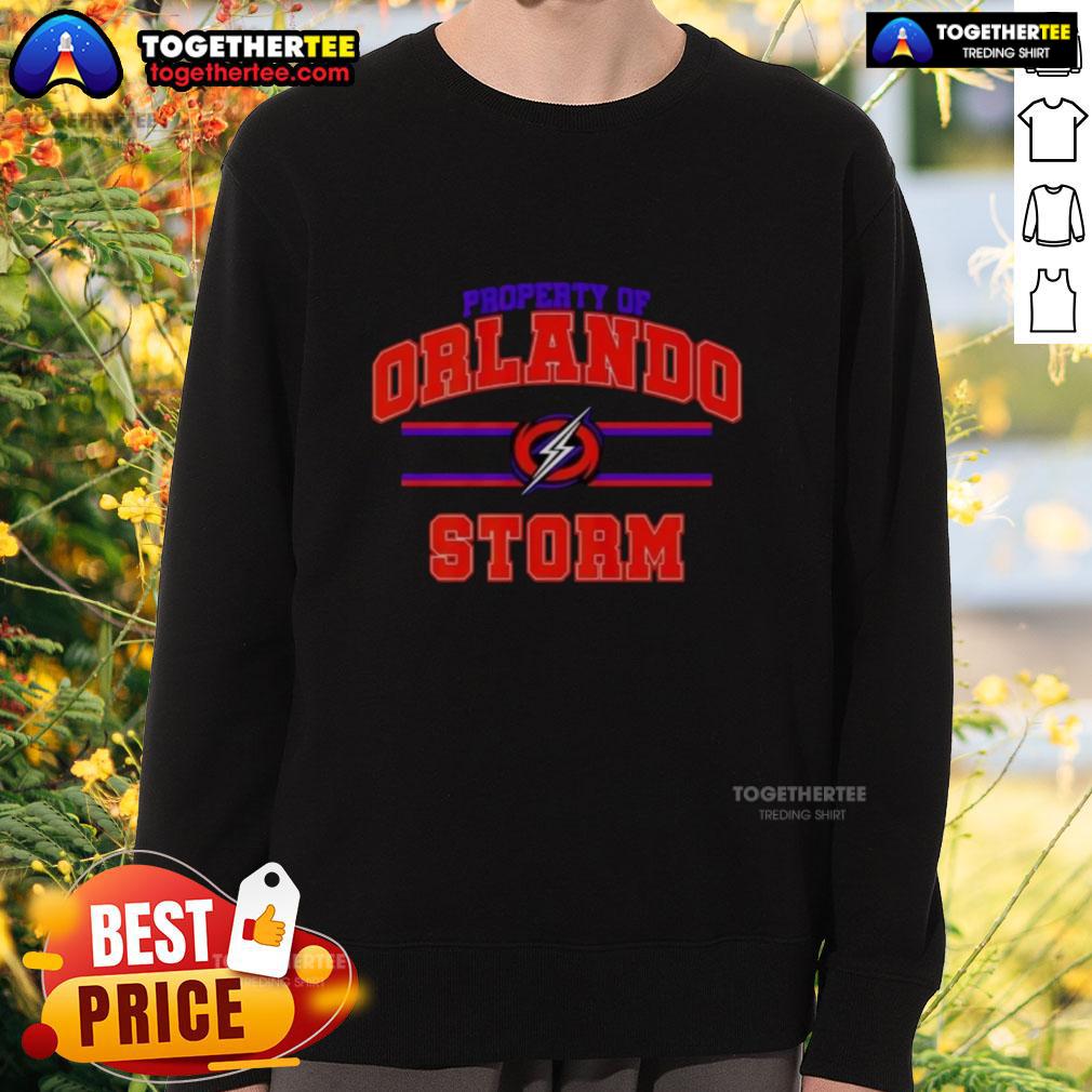 Orlando Storm UFL logo sweatshirt showcasing top property of Orlando sports apparel in vibrant colors.