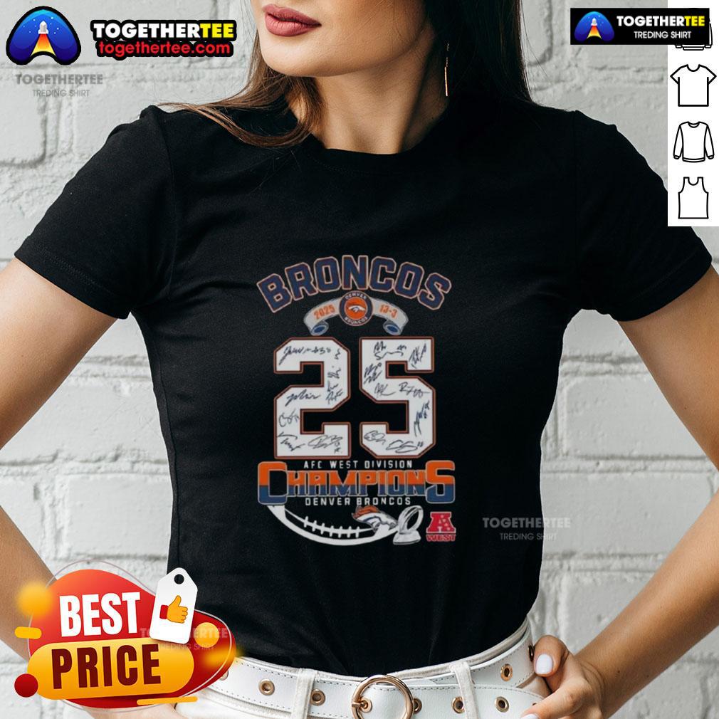 Alt Text: 2025 AFC West Division Champions Denver Broncos Ladies Tee with signatures of team players, showcasing team pride.