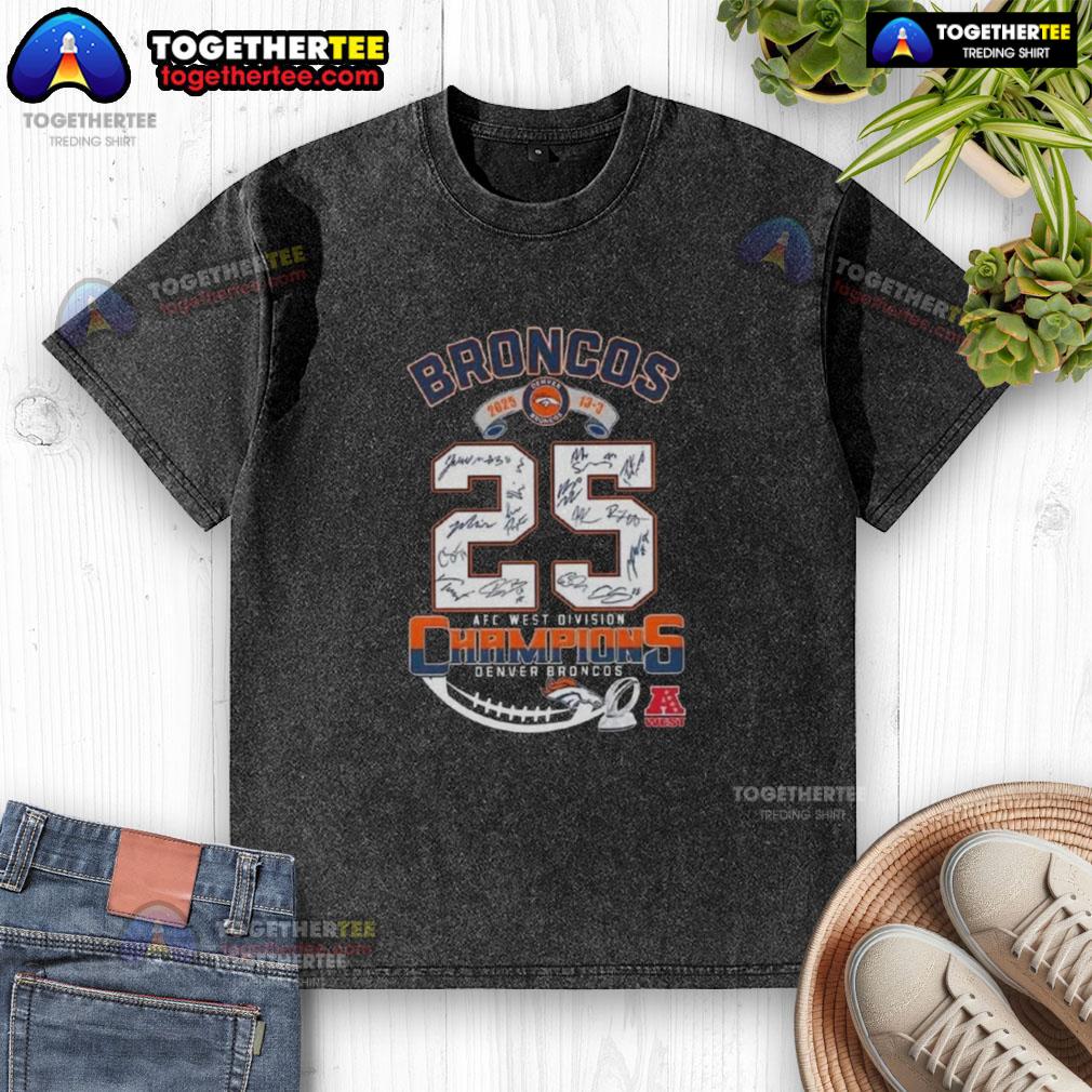Denver Broncos 2025 AFC West Division Champions T-Shirt featuring all signatures, perfect for fans and collectors.