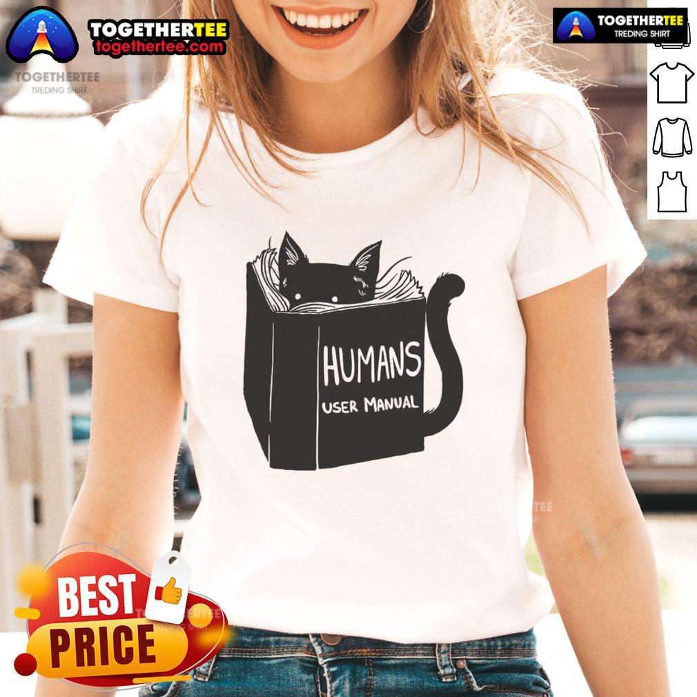 Awesome Humans User Manual for Cats Remix Ladies Tee featuring playful cat graphics and stylish design for cat lovers.