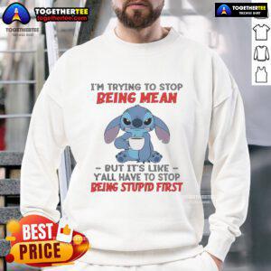Good Stitch sweatshirt featuring the phrase about stopping meanness and addressing stupidity in a playful design.
