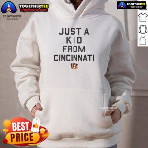 Alt Text: Official Cincinnati Bengals Just A Kid From Cincinnati hoodie displayed on a mannequin with vibrant team colors.