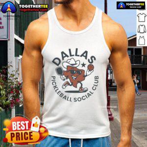 Official Dallas Pickleball Social Club tank top featuring logo and vibrant design perfect for pickleball enthusiasts.