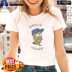 Official Dancin Homer Big Head Ladies Tee featuring a colorful design of Homer Simpson dancing in a fun graphic style.