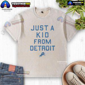 Official Detroit Lions 'Just A Kid From Detroit' washed t-shirt featuring team logo and casual style for fans.