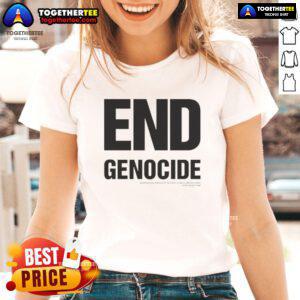 Official End Genocide Katharine Hamnett ladies tee featuring bold graphic design promoting awareness and activism.