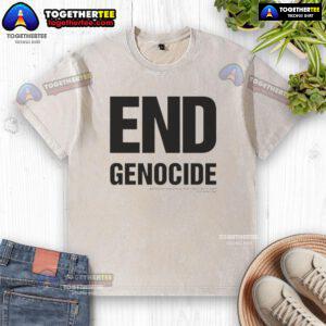 Official End Genocide Katharine Hamnett washed t-shirt featuring bold graphic design promoting awareness and activism.