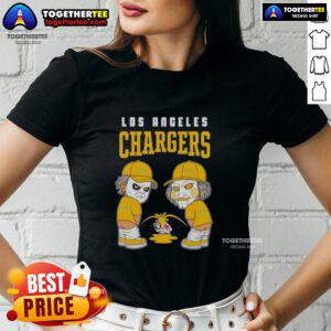 Official Los Angeles Chargers X Michael Myers tee featuring Billy Puppet, showcasing a playful rivalry with Raiders and Broncos.
