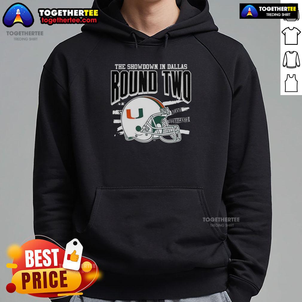 Official Miami Hurricanes NCAA CFP The Showdown in Dallas Round Two helmet hoodie featuring team colors and logo.