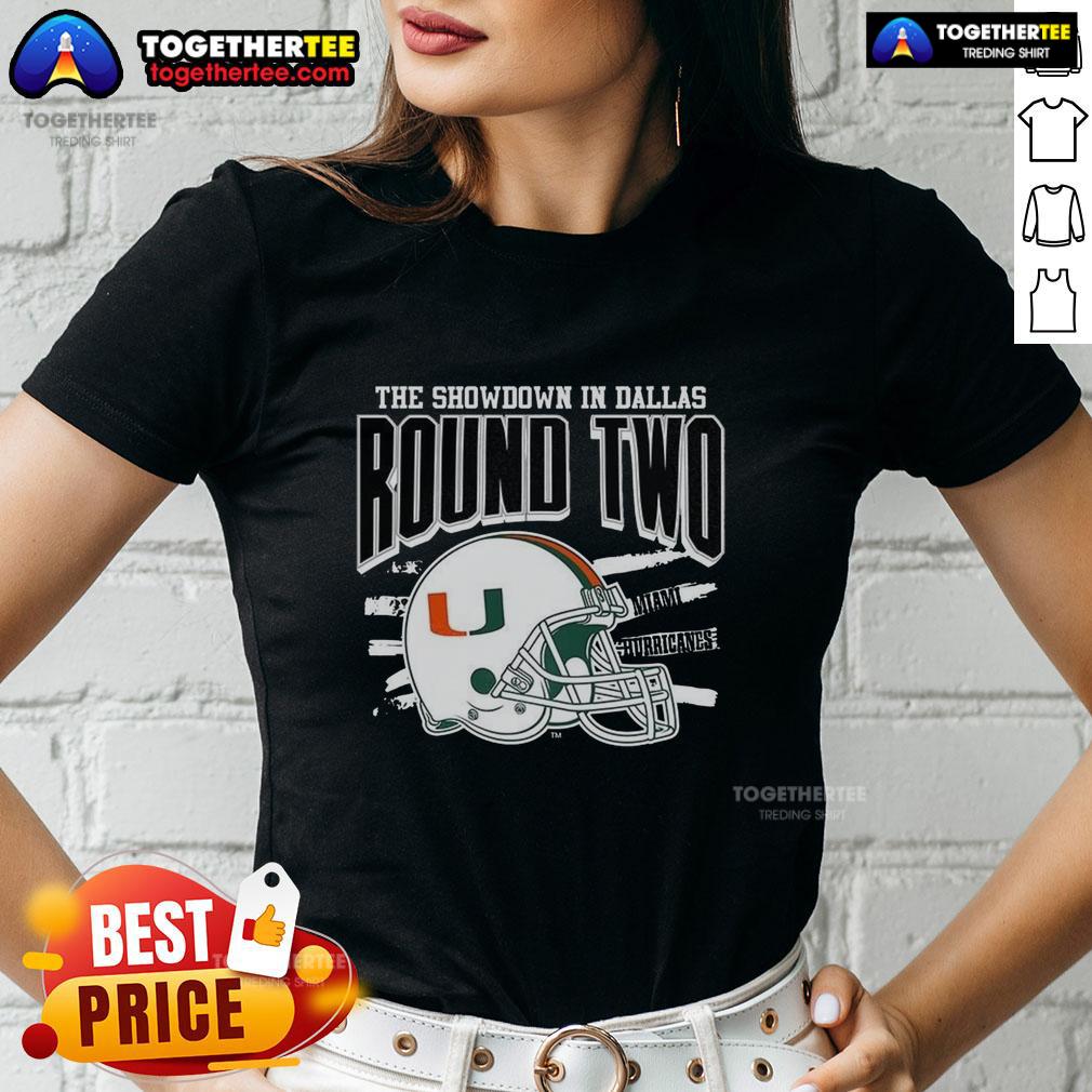 Official Miami Hurricanes NCAA CFP The Showdown in Dallas Round Two helmet design on a ladies tee shirt.