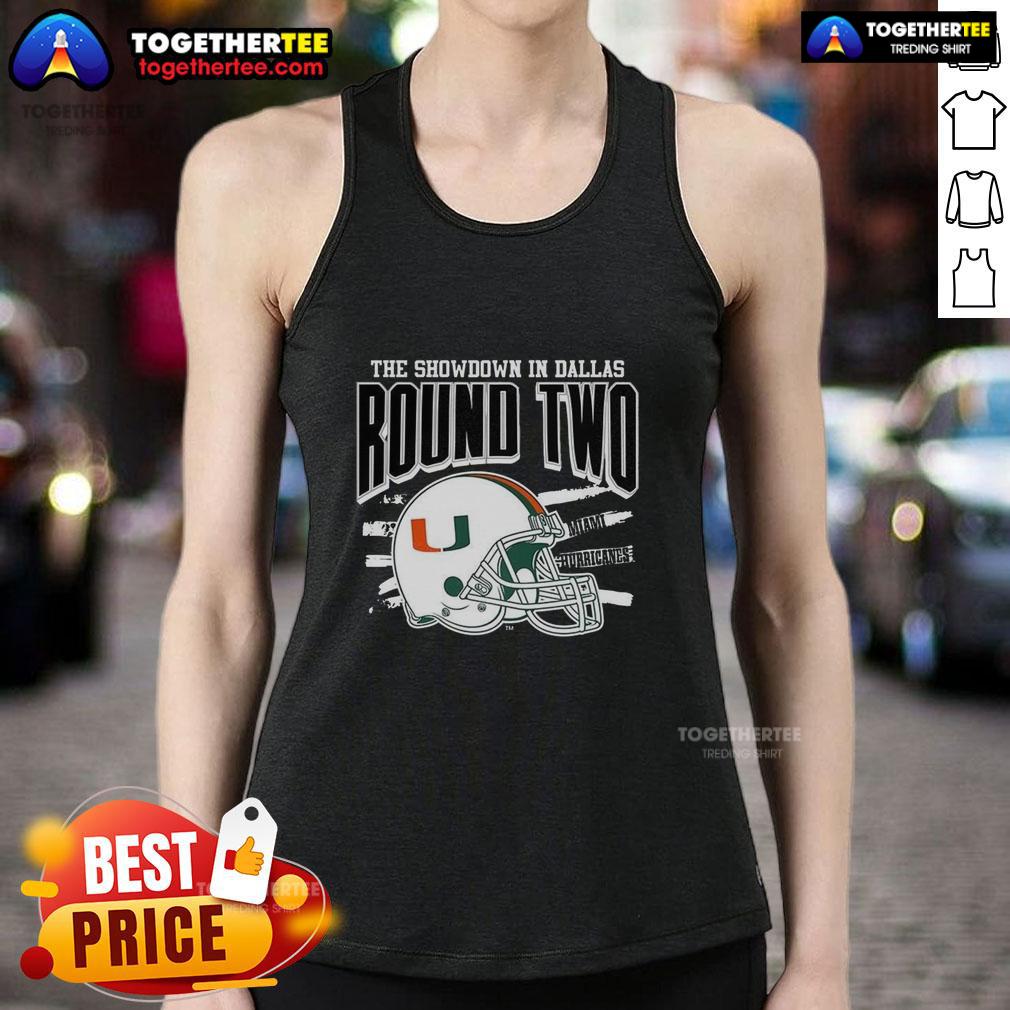 Official Miami Hurricanes NCAA CFP The Showdown in Dallas Round Two helmet tank top, perfect for fans and athletes.