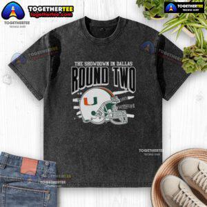Official Miami Hurricanes NCAA CFP The Showdown in Dallas Round Two helmet washed t-shirt featuring vibrant team colors.