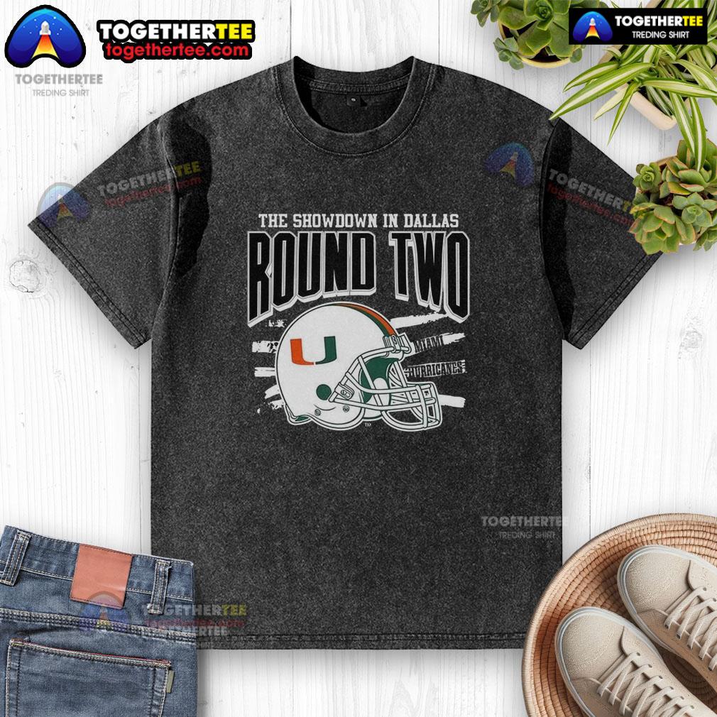 Official Miami Hurricanes NCAA CFP The Showdown in Dallas Round Two helmet washed t-shirt featuring vibrant team colors.