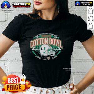 Alt Text: Official Miami Hurricanes Orange 2025 College Football Playoff Quarterfinal Ladies Tee for Cotton Bowl fans.