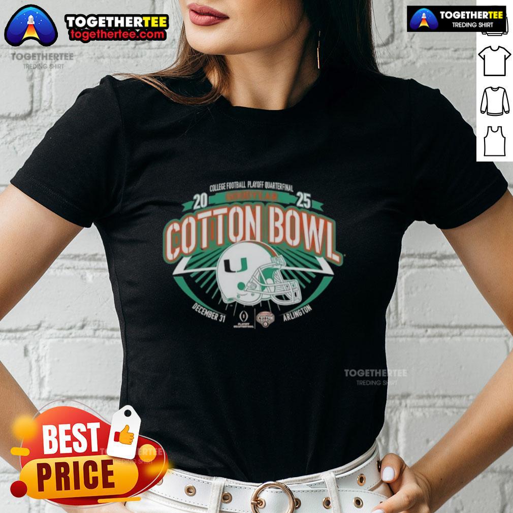 Alt Text: Official Miami Hurricanes Orange 2025 College Football Playoff Quarterfinal Ladies Tee for Cotton Bowl fans.