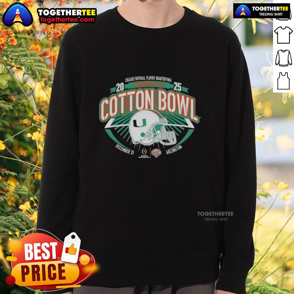 Alt Text: Official Miami Hurricanes Orange 2025 College Football Playoff Sweatshirt for Goodyear Cotton Bowl fans.