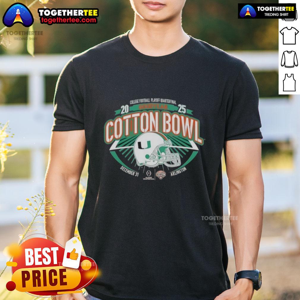 Alt Text: Official Miami Hurricanes Orange T-Shirt for 2025 College Football Playoff Goodyear Cotton Bowl Quarterfinals.