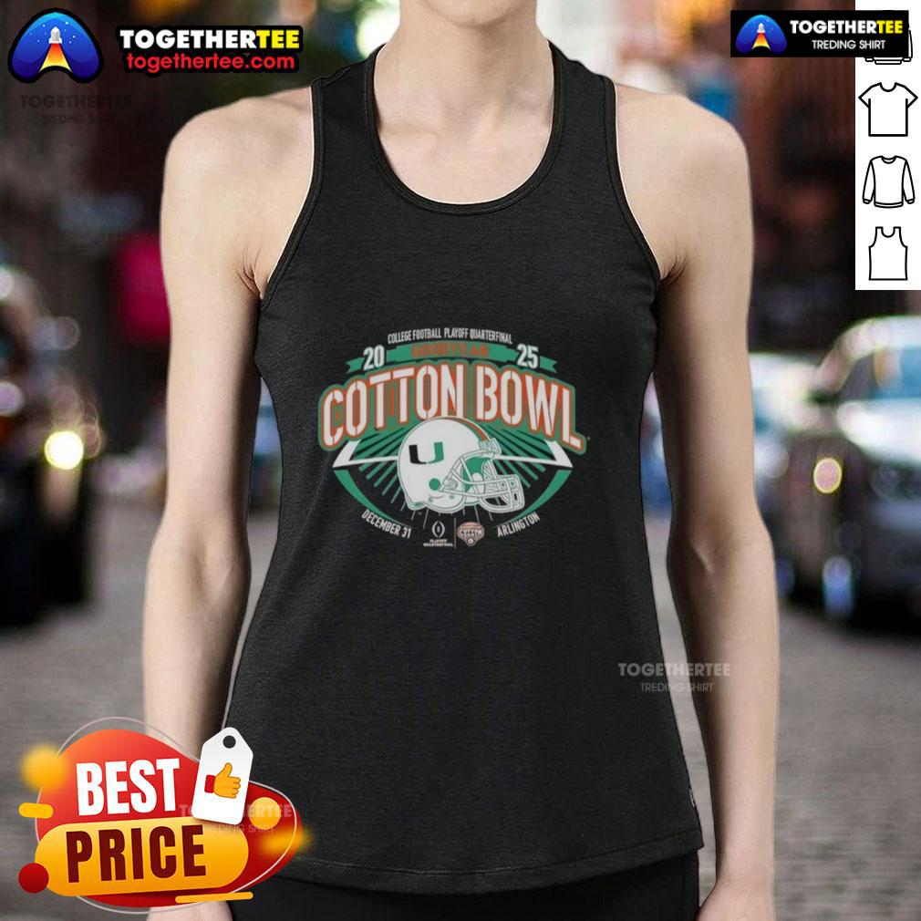 Miami Hurricanes Orange 2025 College Football Playoff Cotton Bowl tank top featuring team logo and vibrant design.