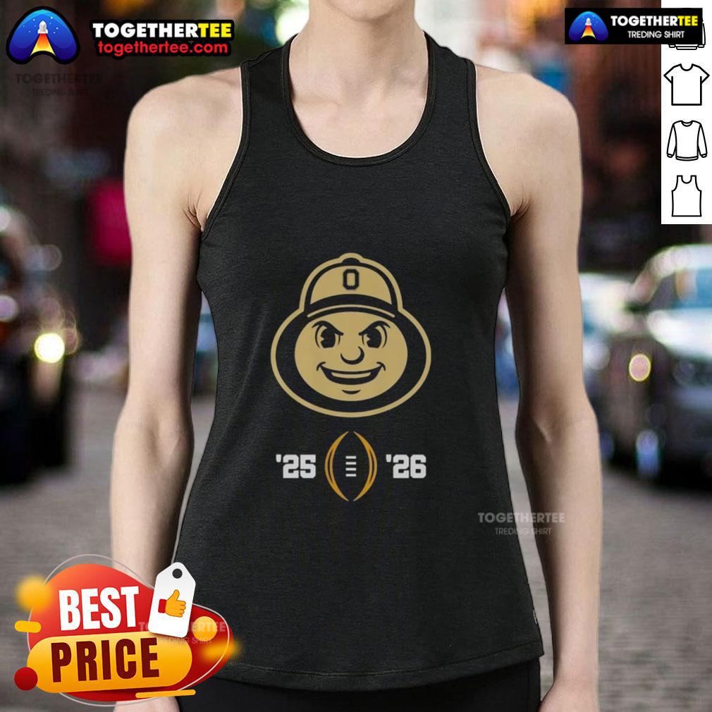 Official Ohio State Buckeyes mascot head design on 2025-2026 College Football Playoff tank top for fans.