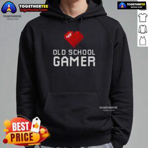 Official Old School Gamer Heart Hoodie featuring retro gaming graphics, perfect for nostalgic gamers and cozy style.